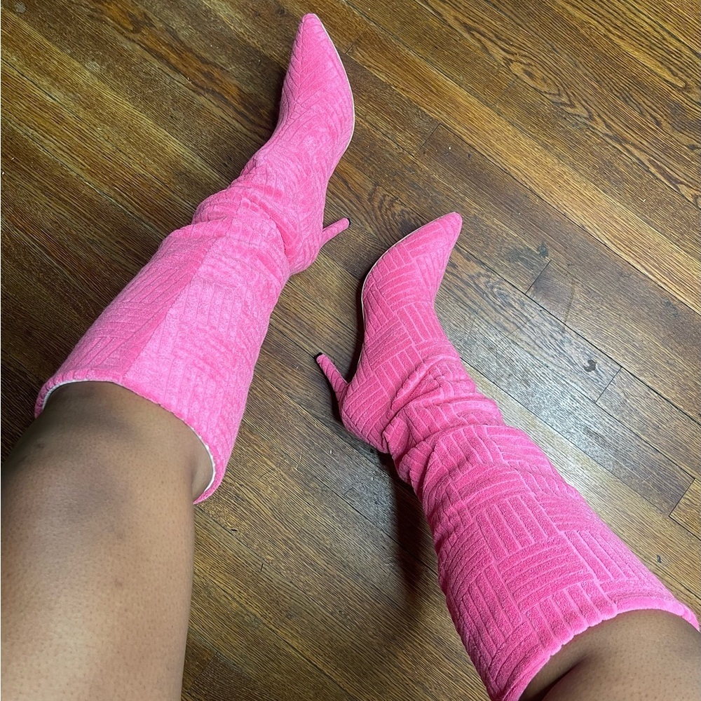Pink Textured Knee-High Boots
